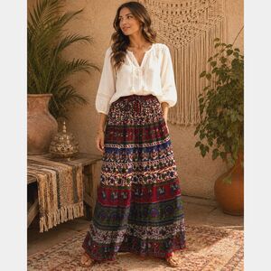 Vintage Boho Hippie Festival Flowy Peasant Tired Indie Print Maxi Skirt OS